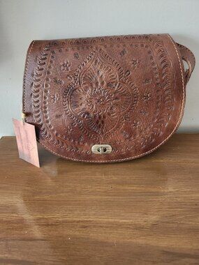 Embossed Leather Saddle Bag Dark Brown